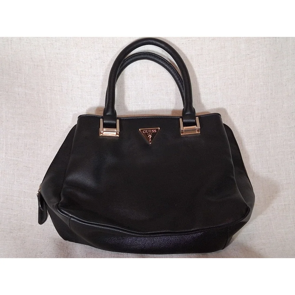 GUESS Black Faux Leather Satchel Handbag Gold Tone Hardware Logo Top Handle Bag